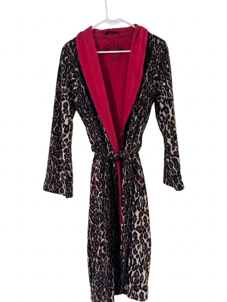 Nick & Nora Leopard Print Fleece Robe Xs/S Red Lined Belted Long Cheetah